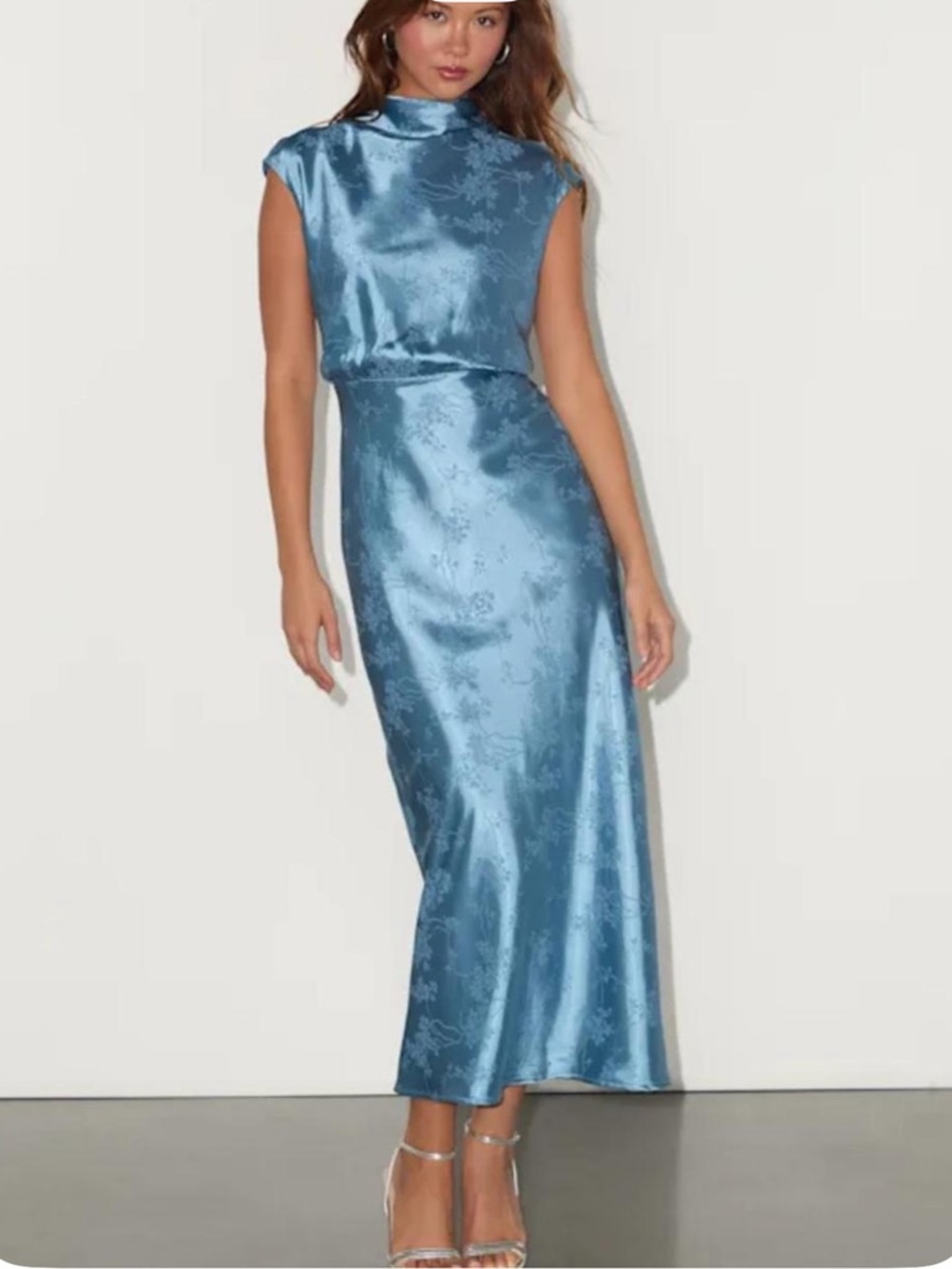 NWT Lulus Gia Slate Blue Satin Jacquard Cutout Midi Dress